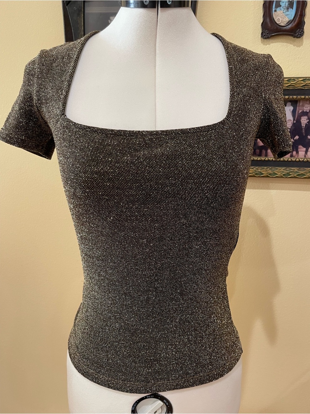 Sézane Black with Gold Metallic Square Neck Knit Top XS